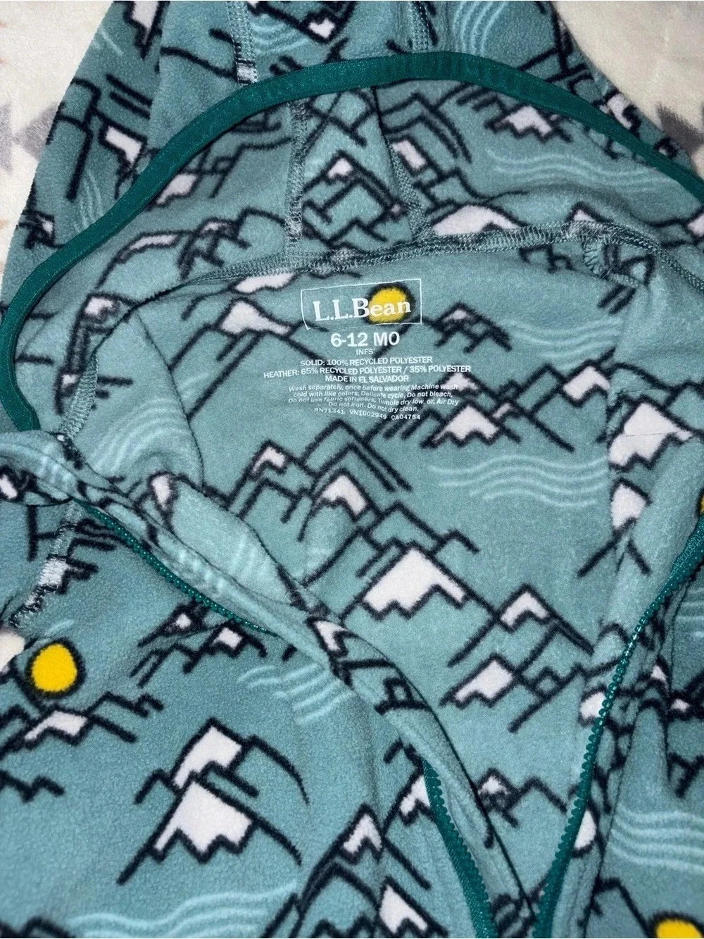 L.L.Bean Geometric Fleece Footie Blue & Green Baby 6-12M